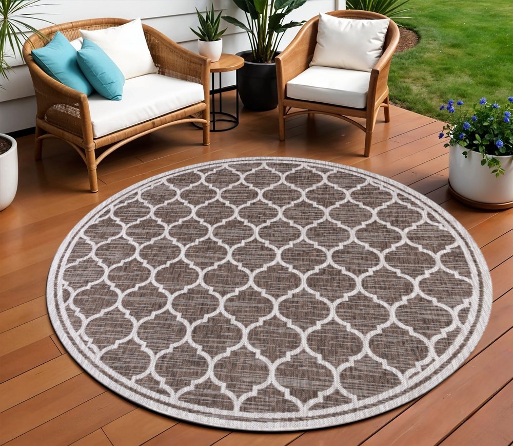 8' Espresso And Taupe Round Geometric Indoor Outdoor Area Rug HomeRoots