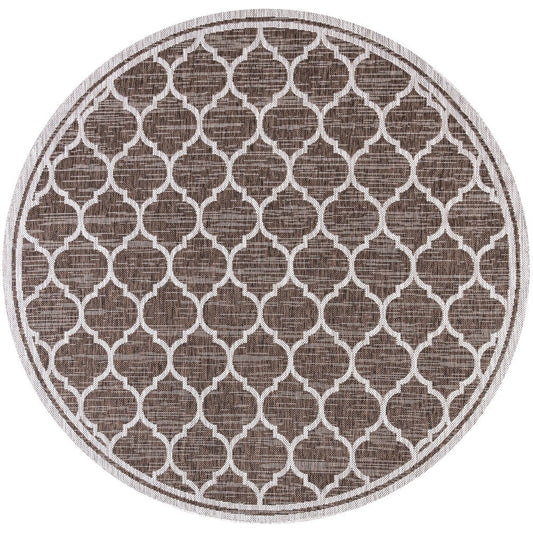 8' Espresso And Taupe Round Geometric Indoor Outdoor Area Rug