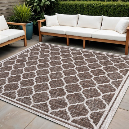 8' Espresso And Taupe Square Geometric Indoor Outdoor Area Rug HomeRoots