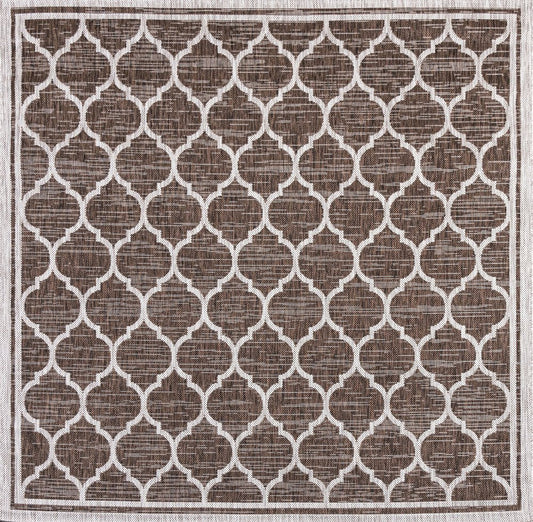 8' Espresso And Taupe Square Geometric Indoor Outdoor Area Rug