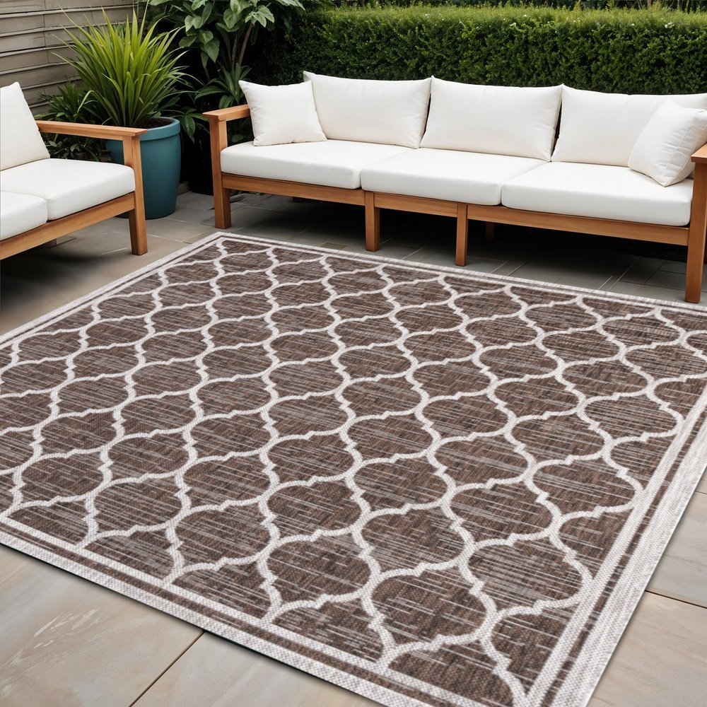 9' Espresso And Taupe Square Geometric Indoor Outdoor Area Rug — view 7
