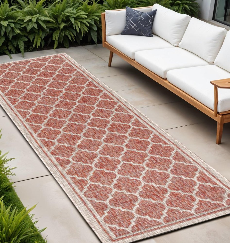 20' Red And Beige Geometric Indoor Outdoor Runner Rug HomeRoots