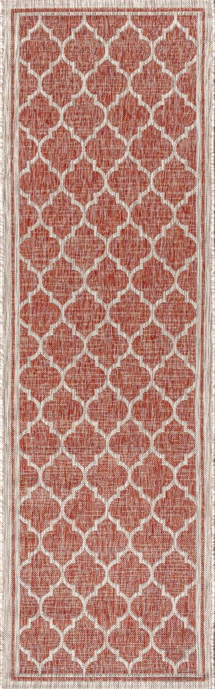 20' Red And Beige Geometric Indoor Outdoor Runner Rug — view 1