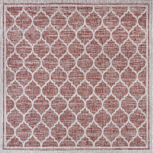 3' Red And Beige Square Geometric Indoor Outdoor Area Rug