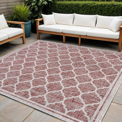4' Red And Beige Square Geometric Indoor Outdoor Area Rug HomeRoots