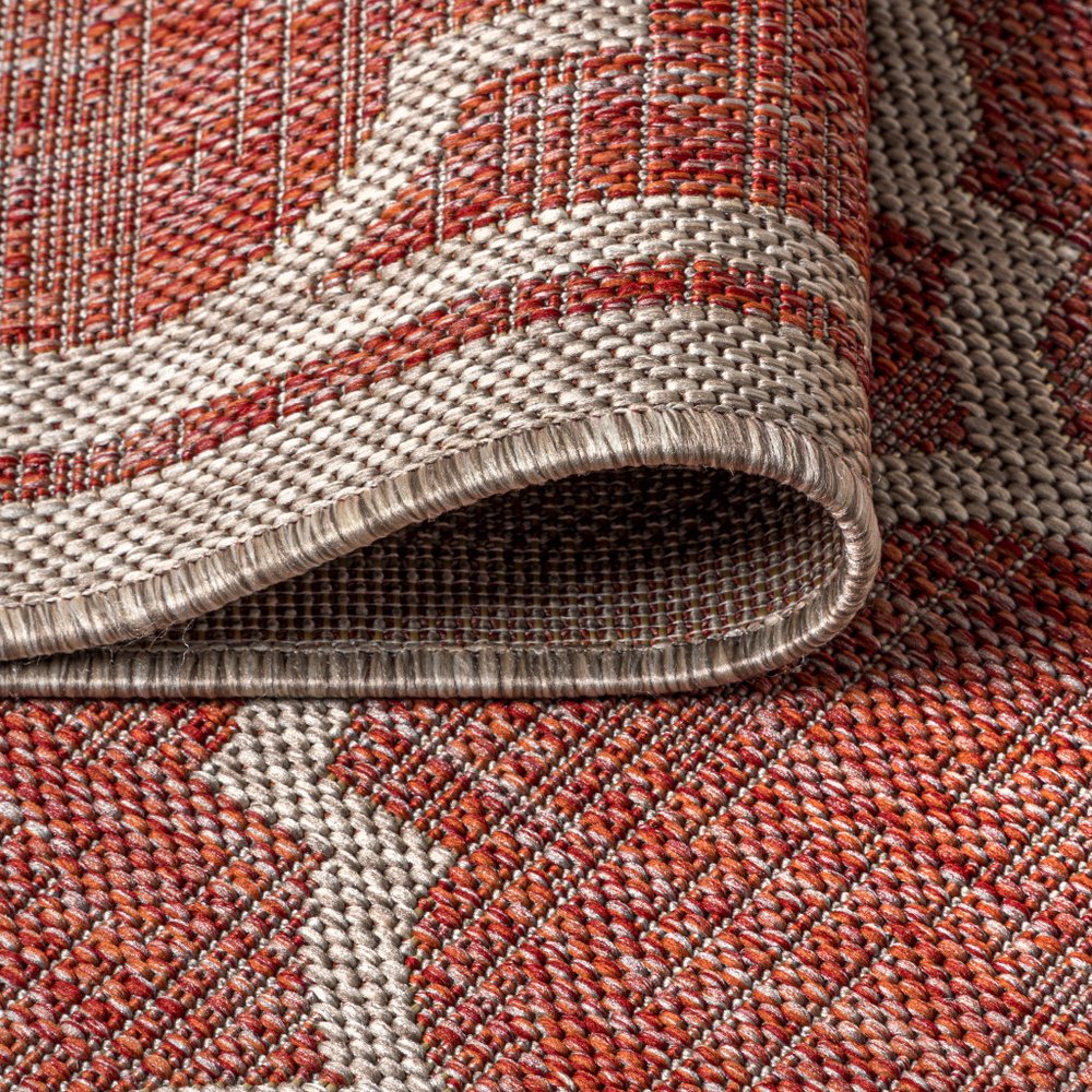 4' Red And Beige Square Geometric Indoor Outdoor Area Rug HomeRoots