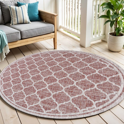 6' Red And Beige Round Geometric Indoor Outdoor Area Rug HomeRoots