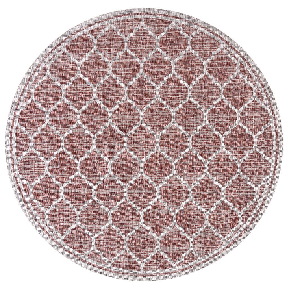 6' Red And Beige Round Geometric Indoor Outdoor Area Rug — view 1