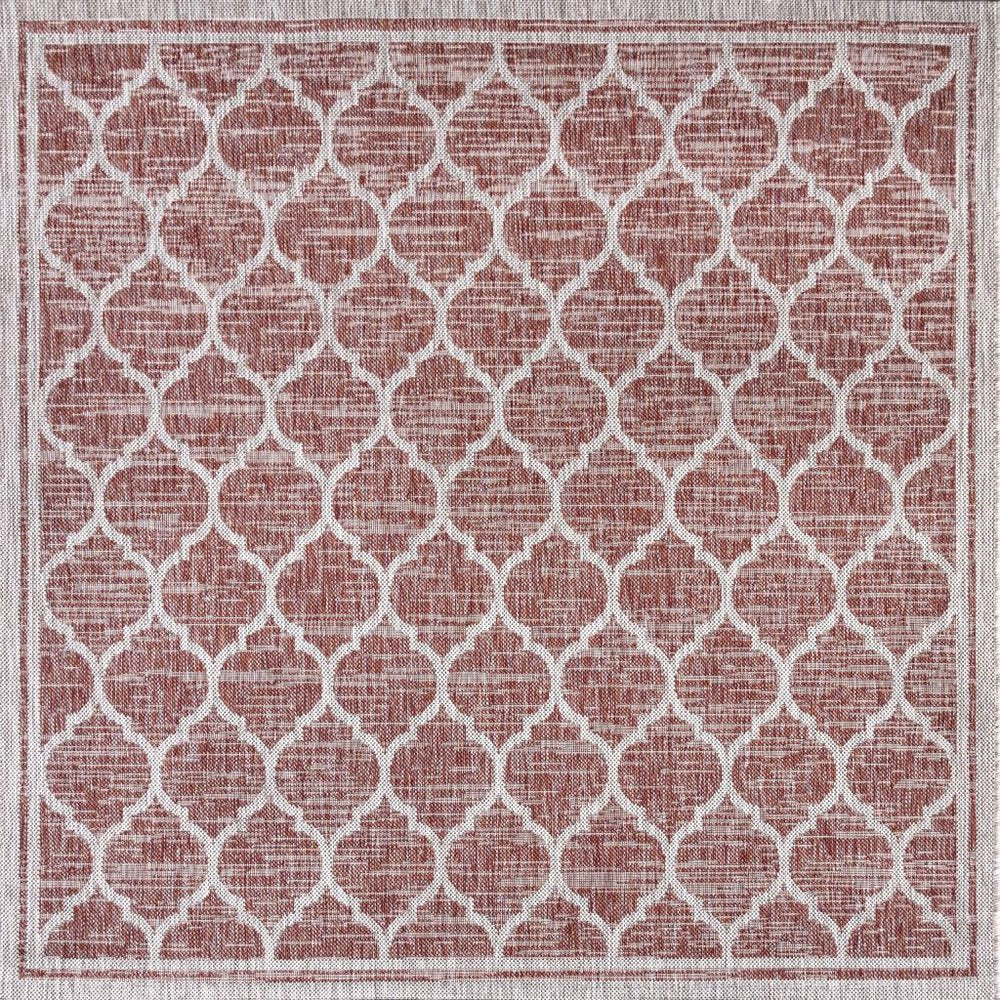 6' Red And Beige Square Geometric Indoor Outdoor Area Rug — view 1