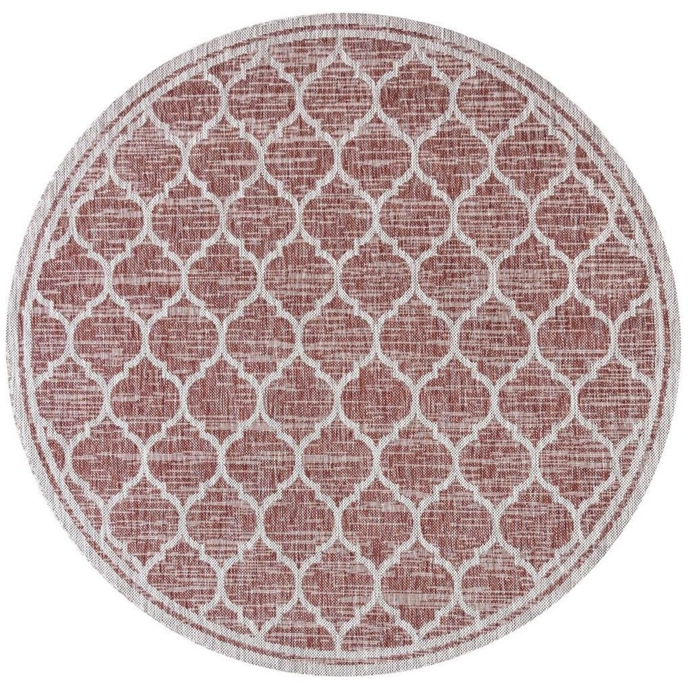 8' Red And Beige Round Geometric Indoor Outdoor Area Rug — view 7