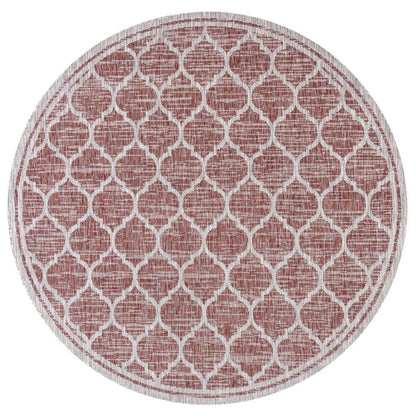 8' Red And Beige Round Geometric Indoor Outdoor Area Rug