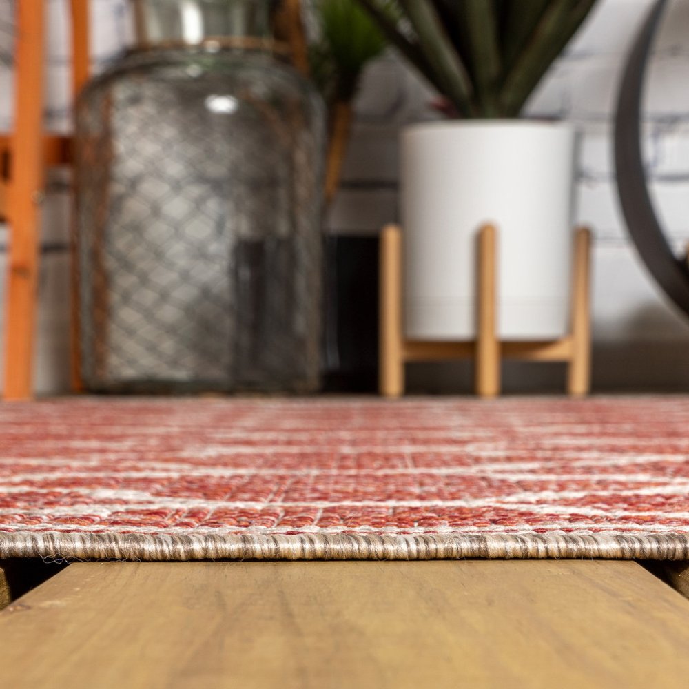 8' Red And Beige Square Geometric Indoor Outdoor Area Rug — view 4