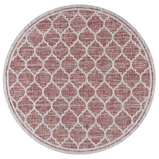 9' Red And Beige Round Geometric Indoor Outdoor Area Rug