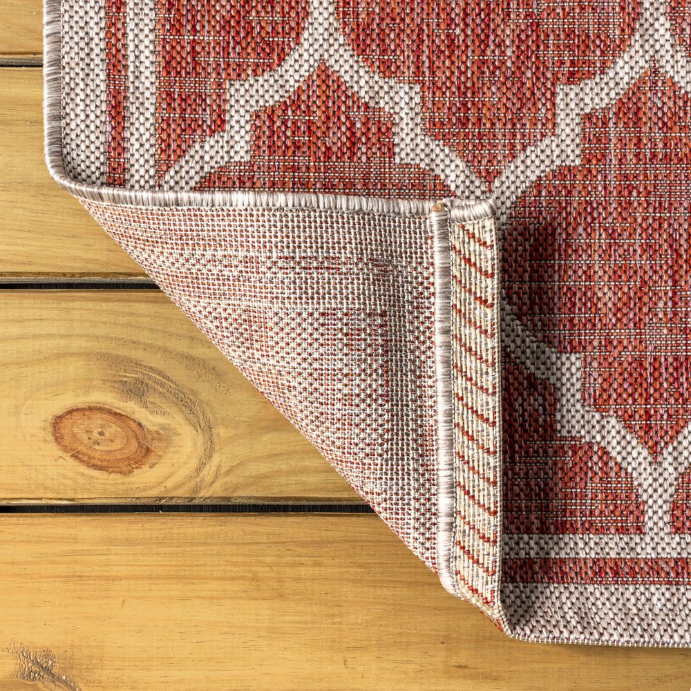 9' Red And Beige Round Geometric Indoor Outdoor Area Rug HomeRoots