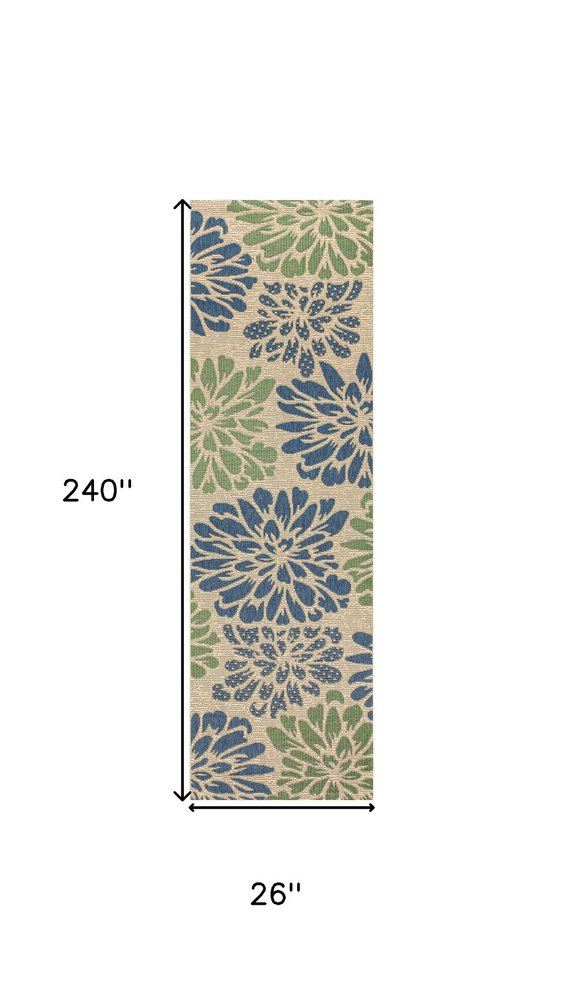 20' Navy Blue And Green Floral Indoor Outdoor Runner Rug HomeRoots