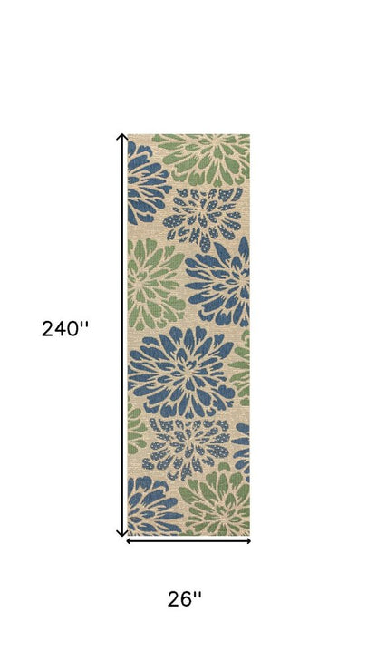 20' Navy Blue And Green Floral Indoor Outdoor Runner Rug HomeRoots