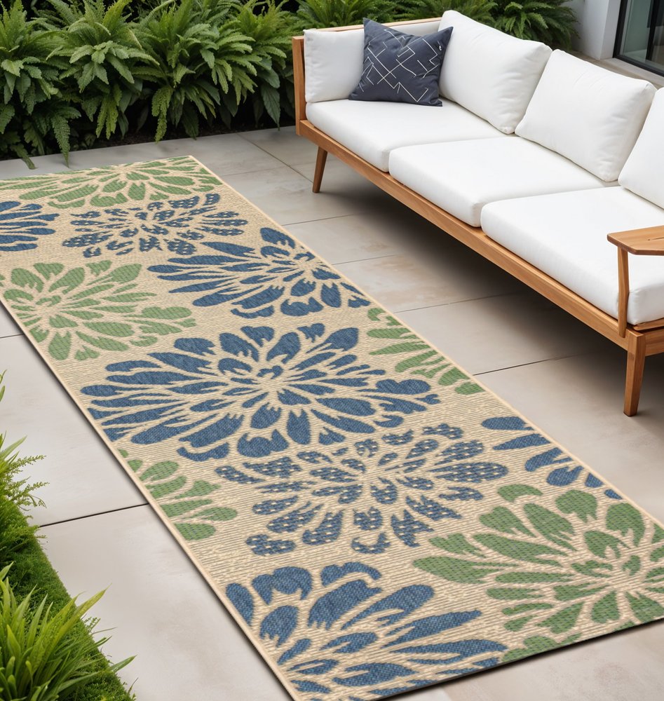 20' Navy Blue And Green Floral Indoor Outdoor Runner Rug — view 6