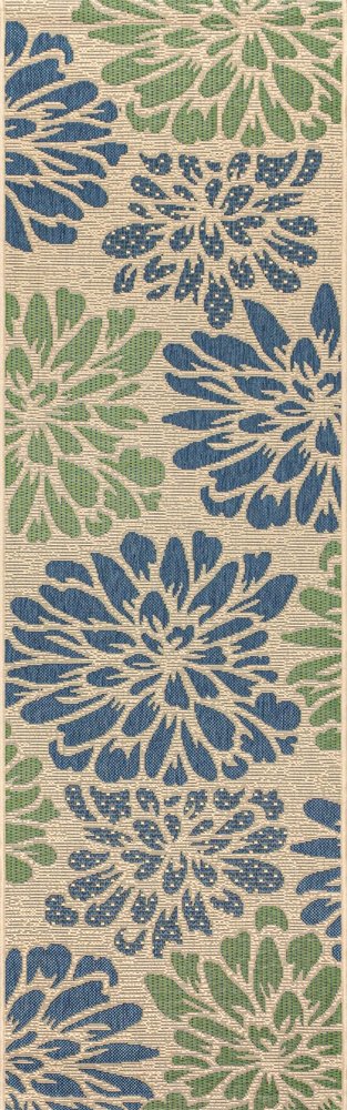 20' Navy Blue And Green Floral Indoor Outdoor Runner Rug