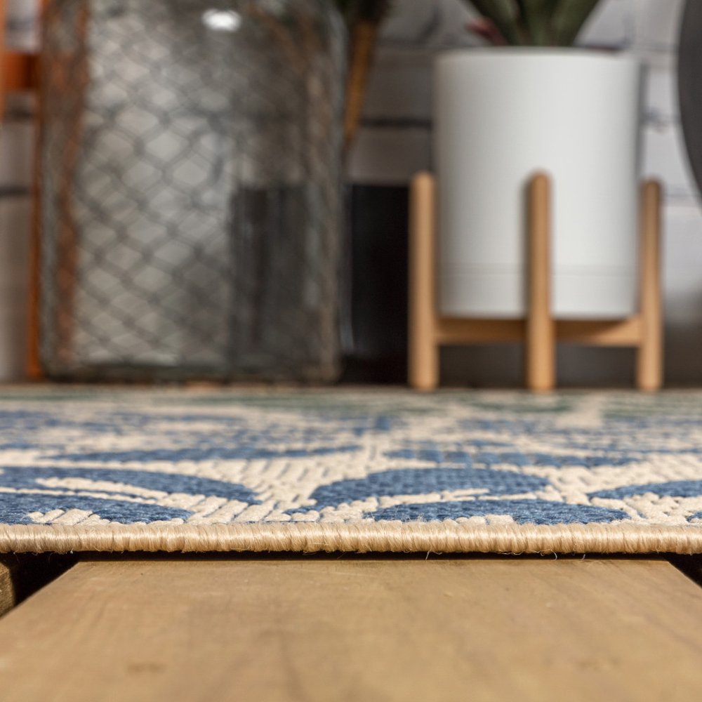 3' Navy Blue And Green Square Floral Indoor Outdoor Area Rug — view 4