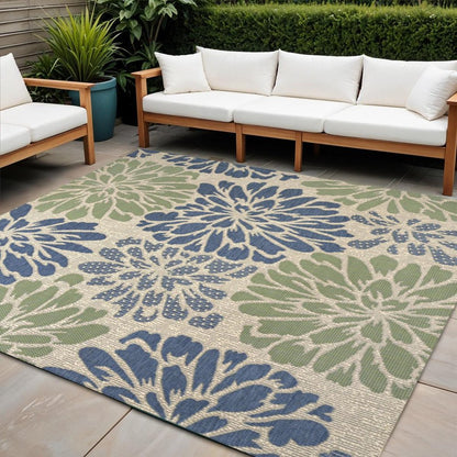 4' Navy Blue And Green Square Floral Indoor Outdoor Area Rug HomeRoots