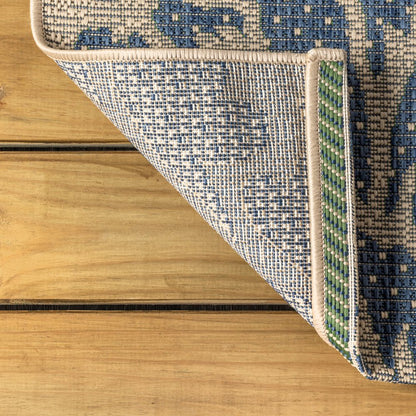 4' Navy Blue And Green Square Floral Indoor Outdoor Area Rug