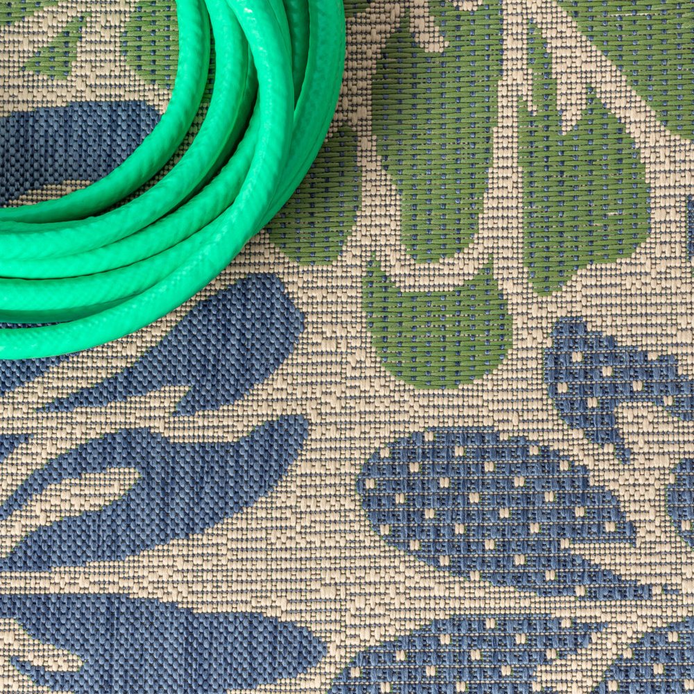 4' Navy Blue And Green Square Floral Indoor Outdoor Area Rug — view 5