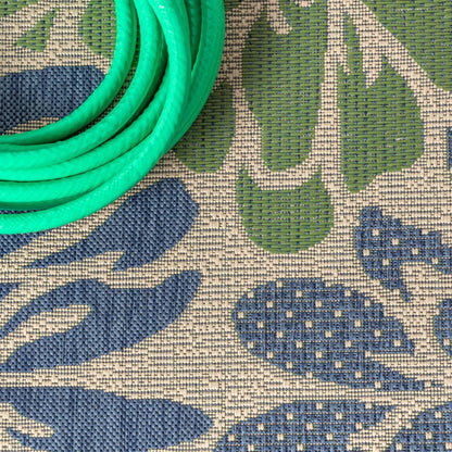 4' Navy Blue And Green Square Floral Indoor Outdoor Area Rug