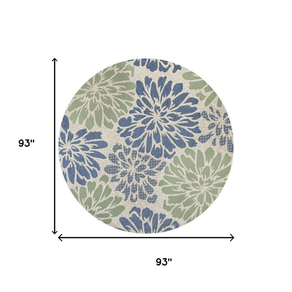 8' Navy Blue And Green Round Floral Indoor Outdoor Area Rug HomeRoots