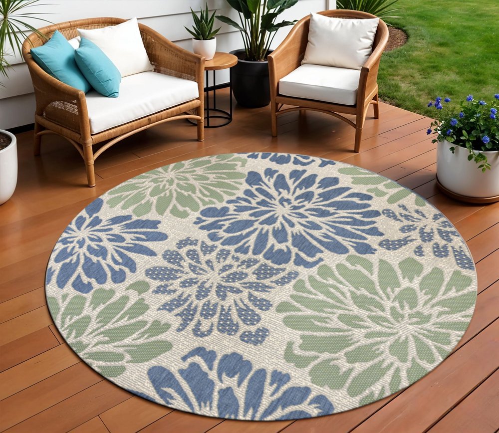 8' Navy Blue And Green Round Floral Indoor Outdoor Area Rug HomeRoots