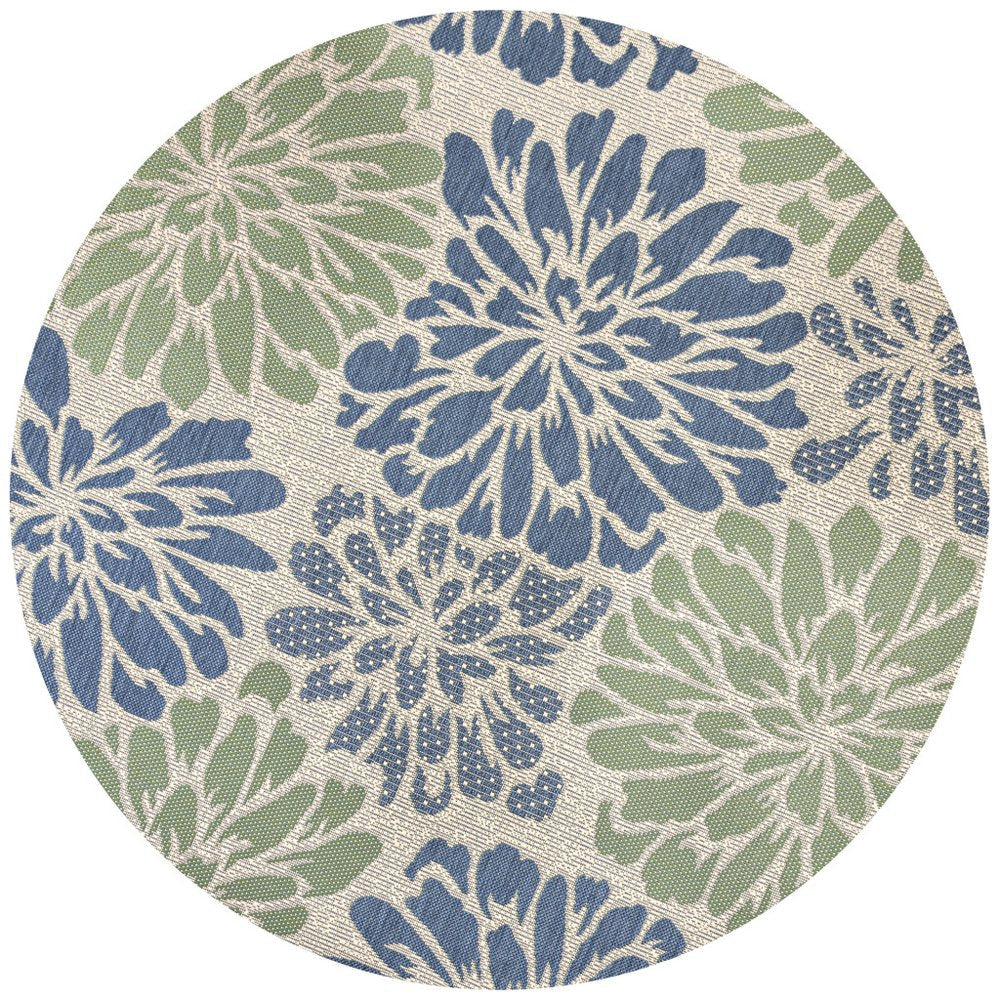 8' Navy Blue And Green Round Floral Indoor Outdoor Area Rug — view 1