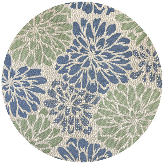 8' Navy Blue And Green Round Floral Indoor Outdoor Area Rug