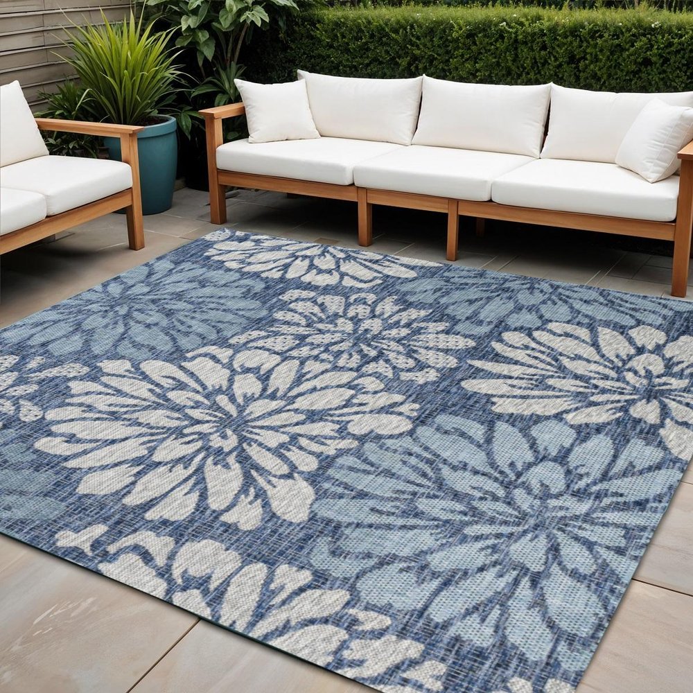 3' Navy Blue And Aqua Square Floral Indoor Outdoor Area Rug HomeRoots