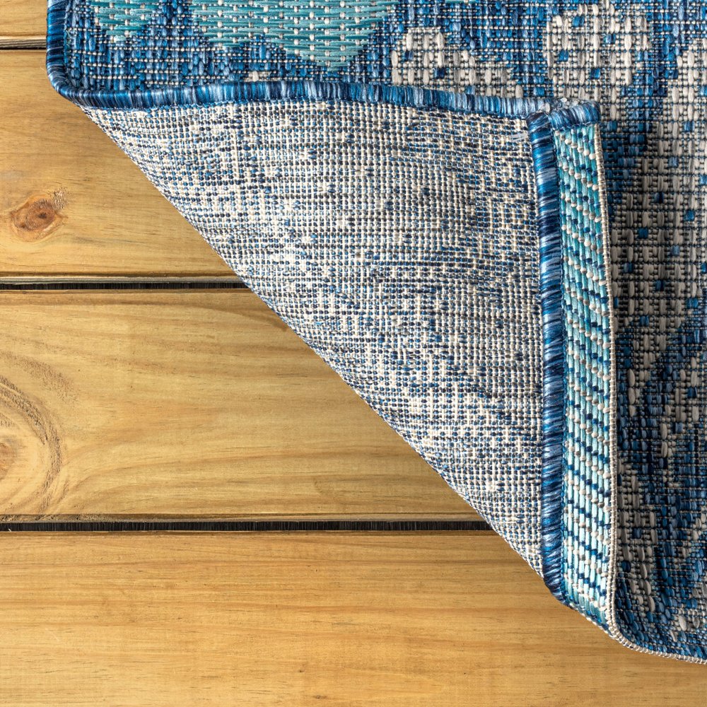 3' Navy Blue And Aqua Square Floral Indoor Outdoor Area Rug HomeRoots