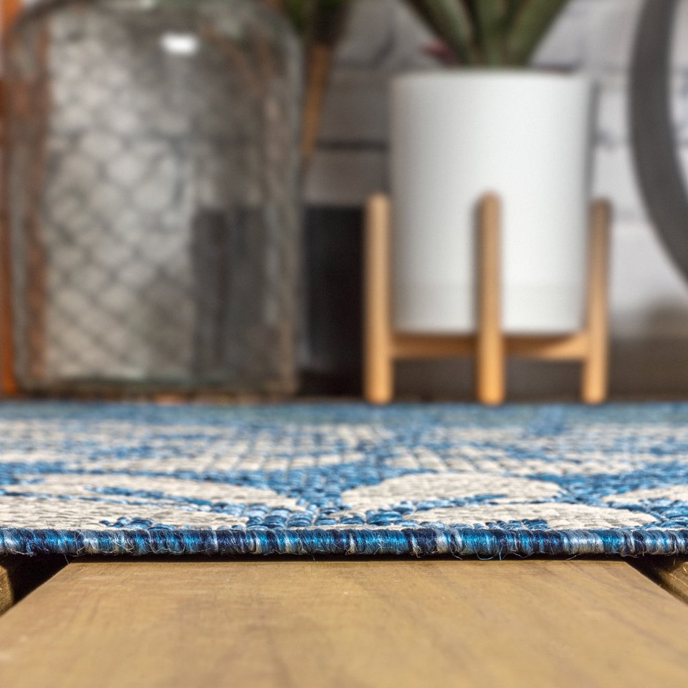 3' Navy Blue And Aqua Square Floral Indoor Outdoor Area Rug HomeRoots