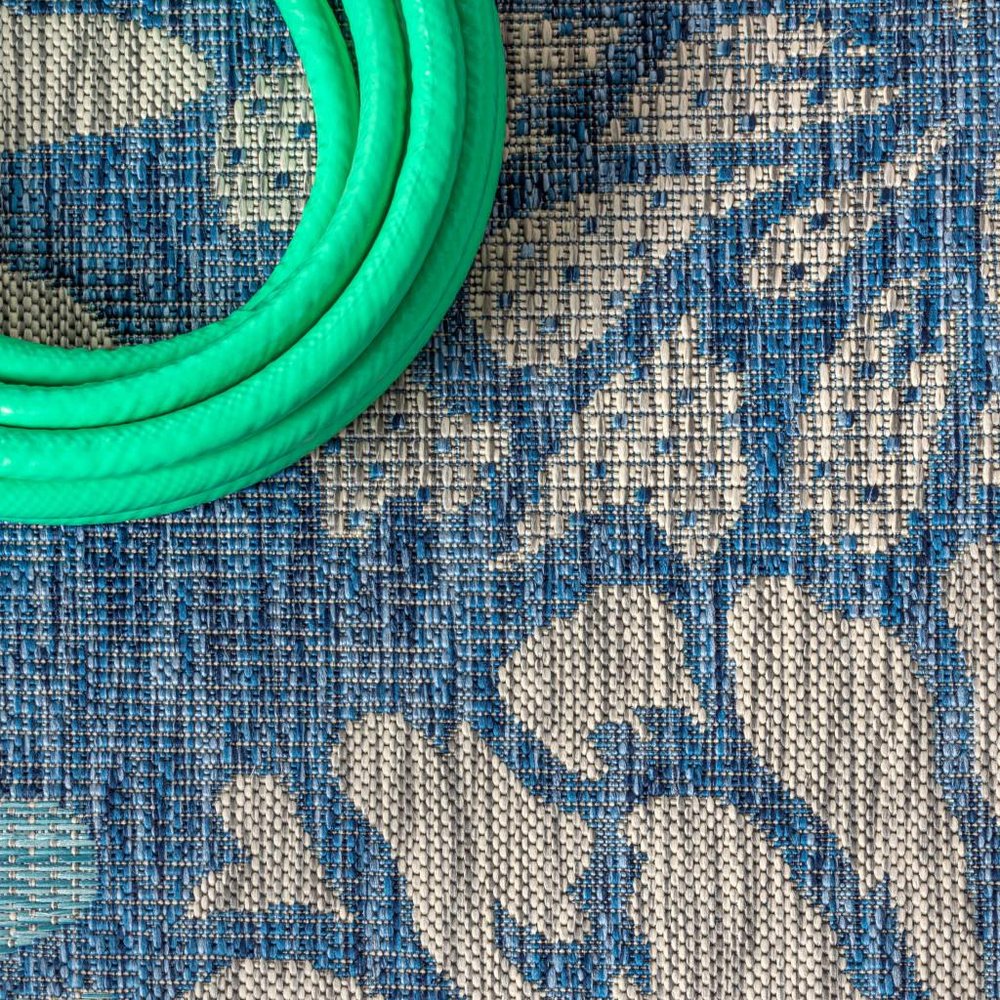 3' Navy Blue And Aqua Square Floral Indoor Outdoor Area Rug — view 5