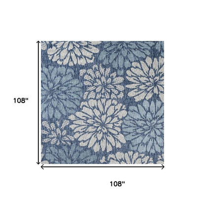 9' Navy Blue And Aqua Square Floral Indoor Outdoor Area Rug HomeRoots