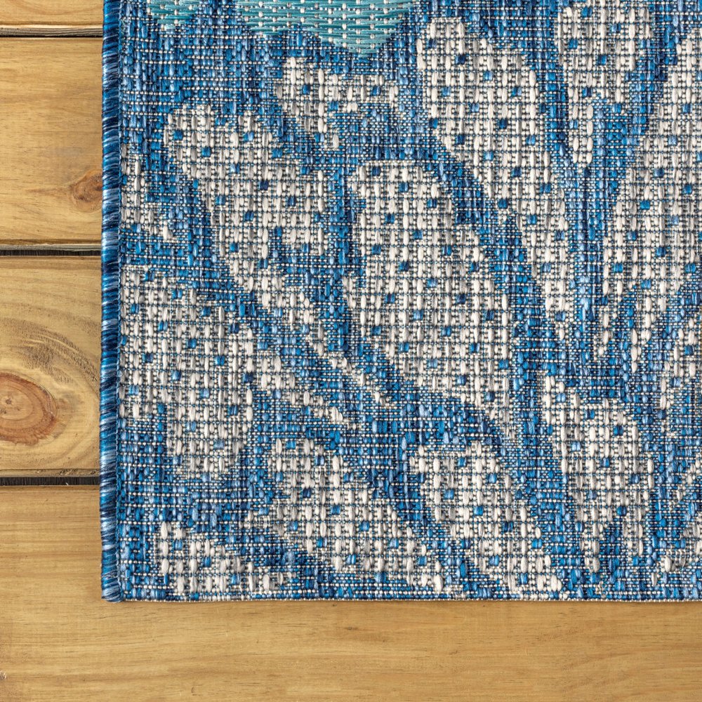 9' Navy Blue And Aqua Square Floral Indoor Outdoor Area Rug HomeRoots