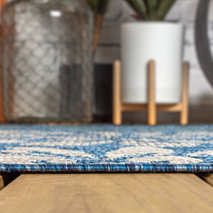 9' Navy Blue And Aqua Square Floral Indoor Outdoor Area Rug HomeRoots