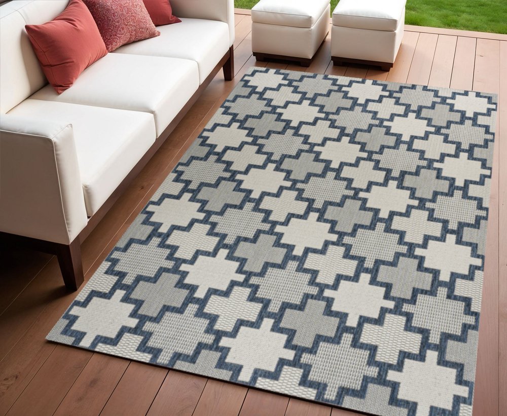 4' X 6' Navy Blue And Cream Trellis Indoor Outdoor Area Rug HomeRoots