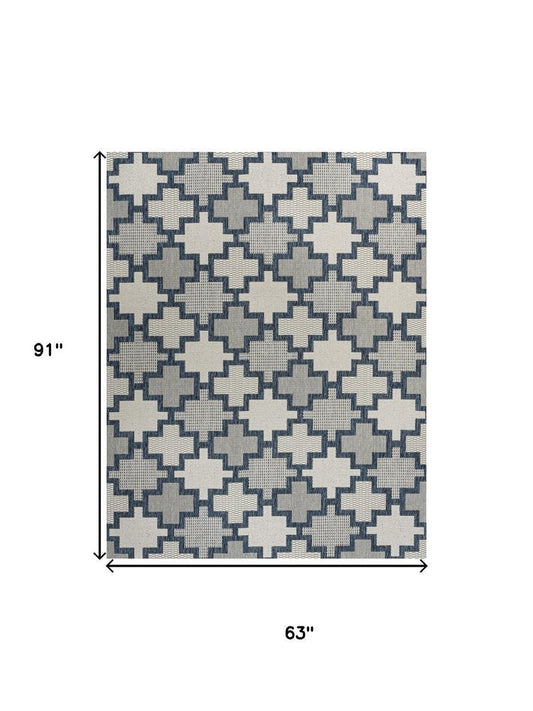 5' X 8' Navy Blue And Cream Trellis Indoor Outdoor Area Rug