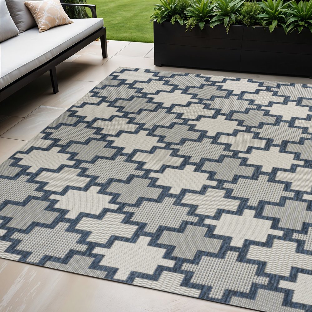 5' X 8' Navy Blue And Cream Trellis Indoor Outdoor Area Rug HomeRoots