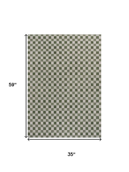 3' X 5' Green And Cream Geometric Indoor Outdoor Area Rug