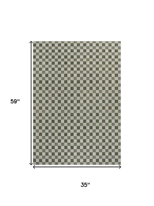 3' X 5' Green And Cream Geometric Indoor Outdoor Area Rug