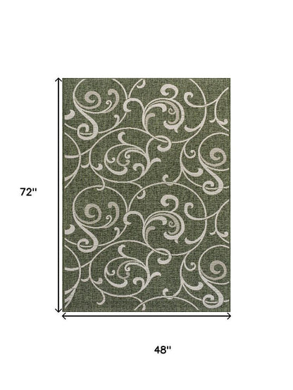 4' X 6' Green And Cream Floral Indoor Outdoor Area Rug HomeRoots