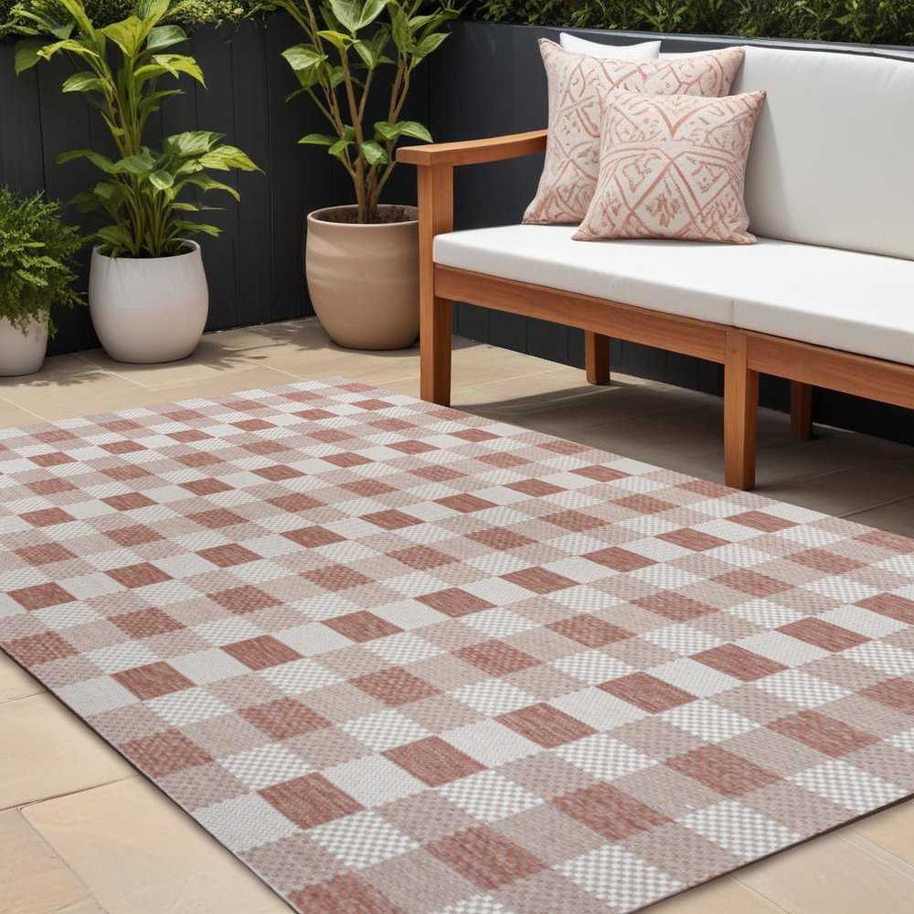 8' X 10' Salmon And Cream Geometric Indoor Outdoor Area Rug HomeRoots