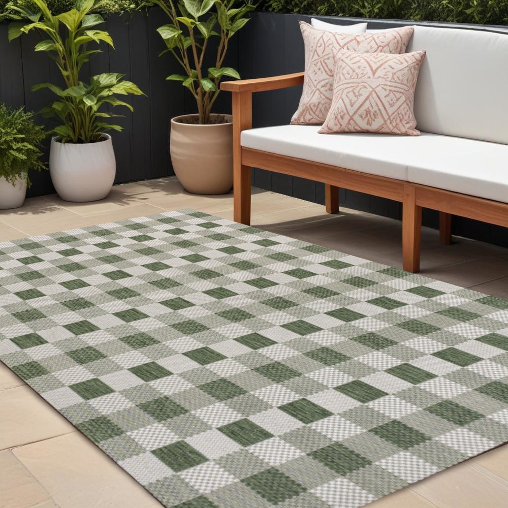 8' X 10' Green And Cream Geometric Indoor Outdoor Area Rug — view 3