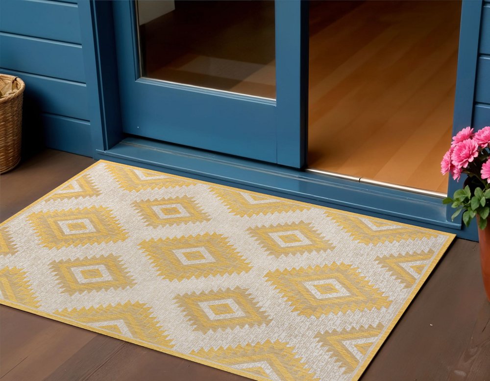 3' X 5' Yellow And Cream Moroccan Indoor Outdoor Area Rug — view 3