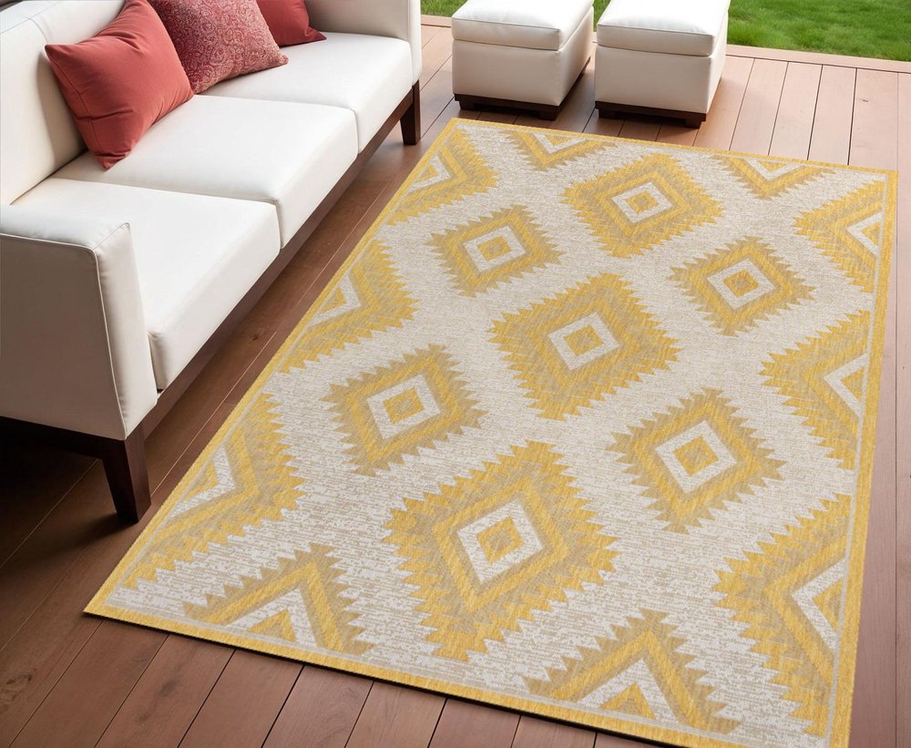 4' X 6' Yellow And Cream Moroccan Indoor Outdoor Area Rug — view 4