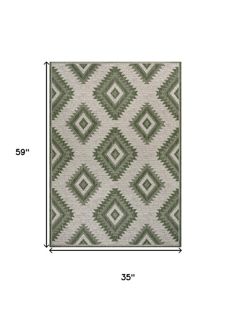 3' X 5' Green And Cream Moroccan Indoor Outdoor Area Rug HomeRoots