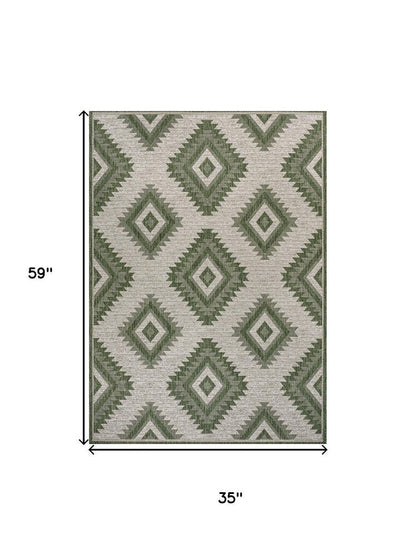 3' X 5' Green And Cream Moroccan Indoor Outdoor Area Rug HomeRoots